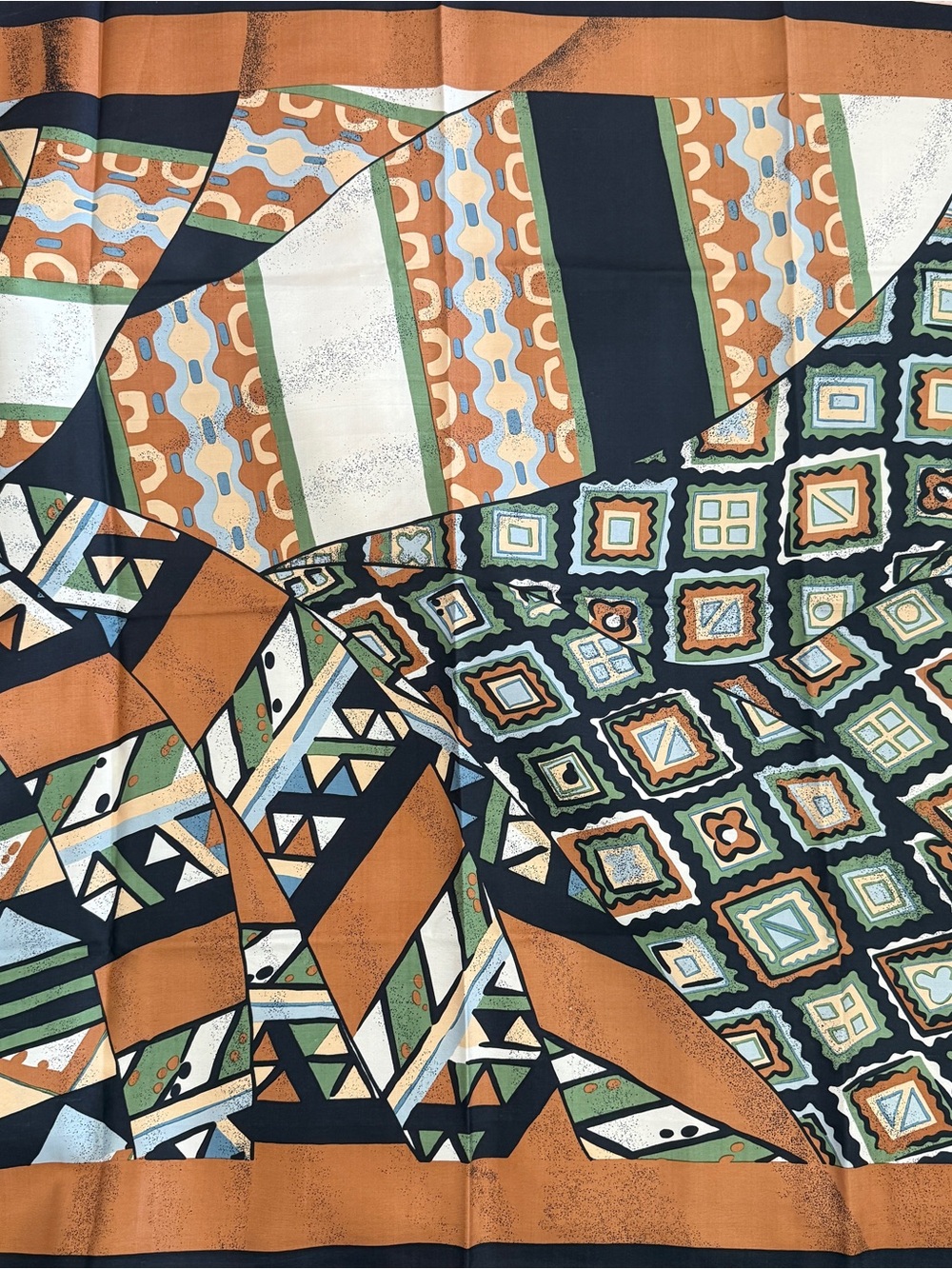 Geometric Patchwork Silk-Feel Scarf in Rust, Navy & Green